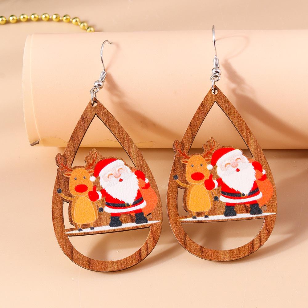 Santa Claus Water Drop Wooden Christmas Earrings – European and American Design