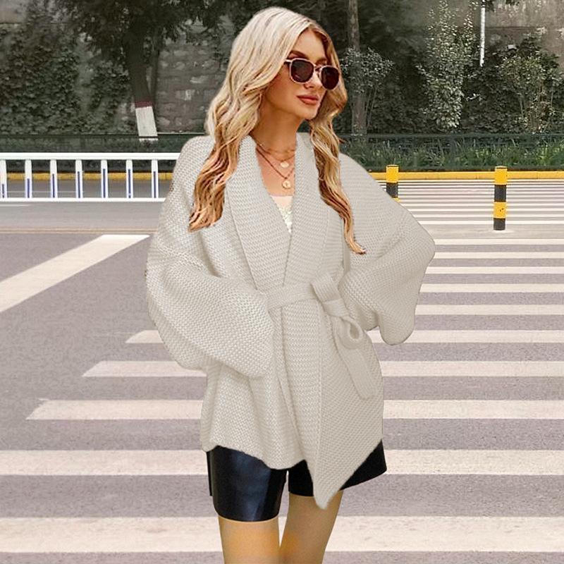 Women's autumn and winter new sweater European beautiful women's knitted top jacket lace-up cardigan