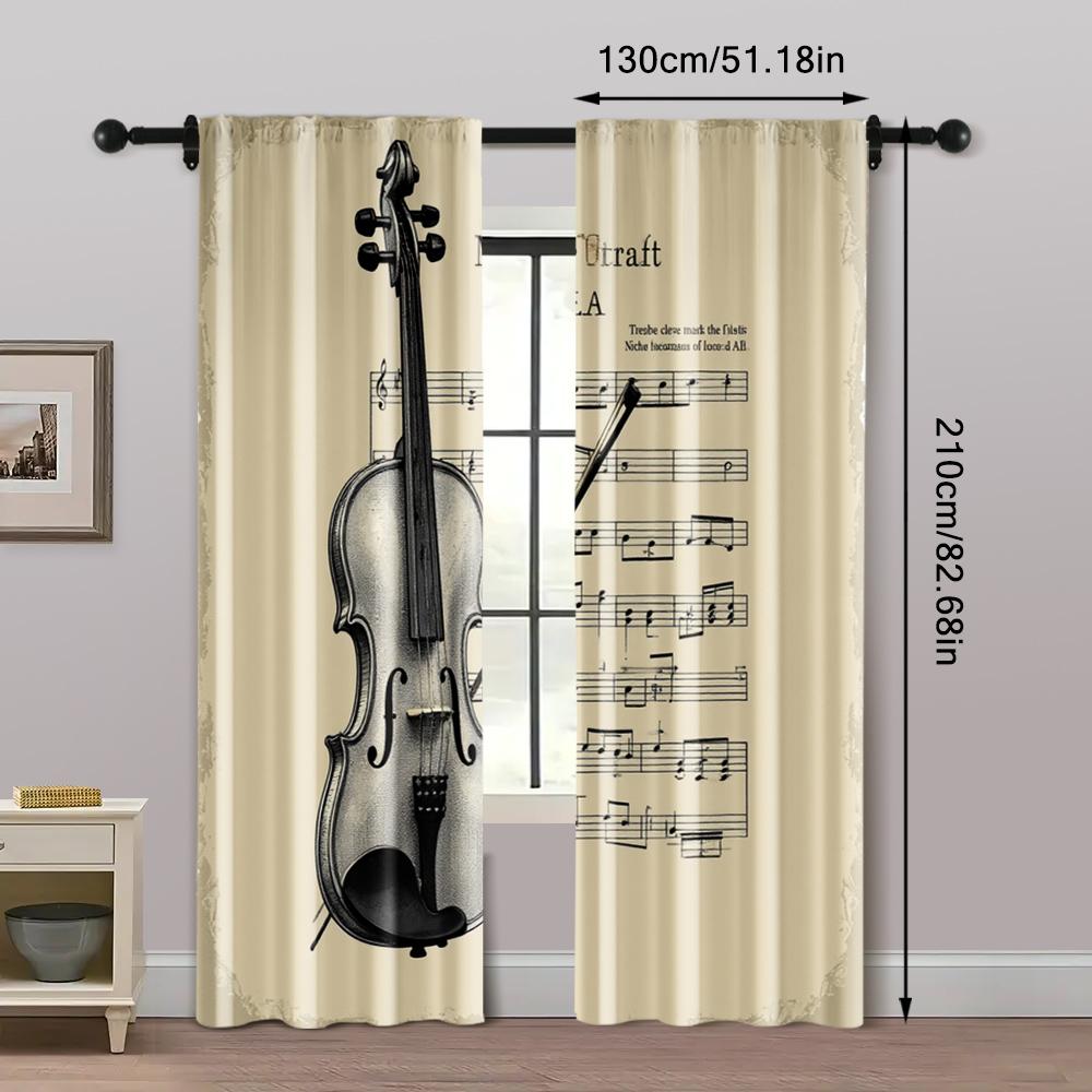 2pcs   Curtain Set Classic Violin & Sheet Music Design Machine Washable Polyester (without Rod) Versatile All for Bedroom   Living
