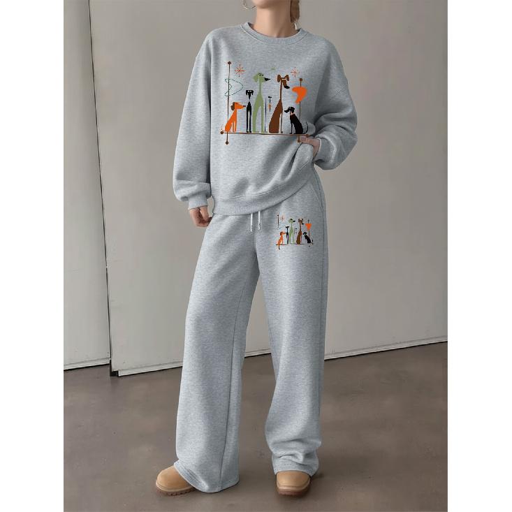 Women's Cartoon Dog Print Crewneck Sweatshirt & Drawstring Straight Pants Set - Loose Fit Casual 2-Piece Outfit