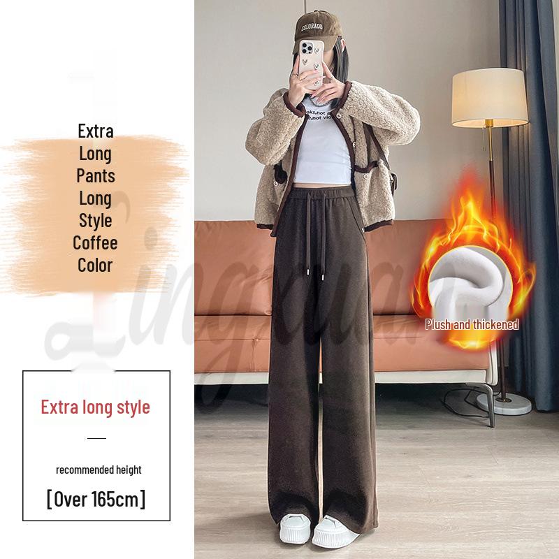 2026 Fall/Winter Off-White High-Waisted Cashmere Wide-Leg Pants with Velvet, Casual Floor-Length for Women