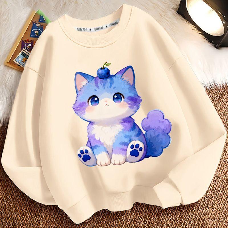 Children's Fashionable Cartoon Kitten Hoodie for Autumn and Winter, Casual Long-sleeved Round-neck Top for Boys and Girls