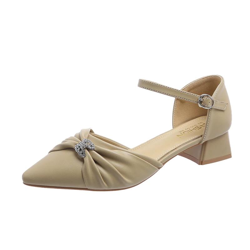 Baotou Thick Heel Sandals Spring New Pointed Head Shallow Mouth Crystal Buckle Butterfly Knot Line with Low Heel Shoes