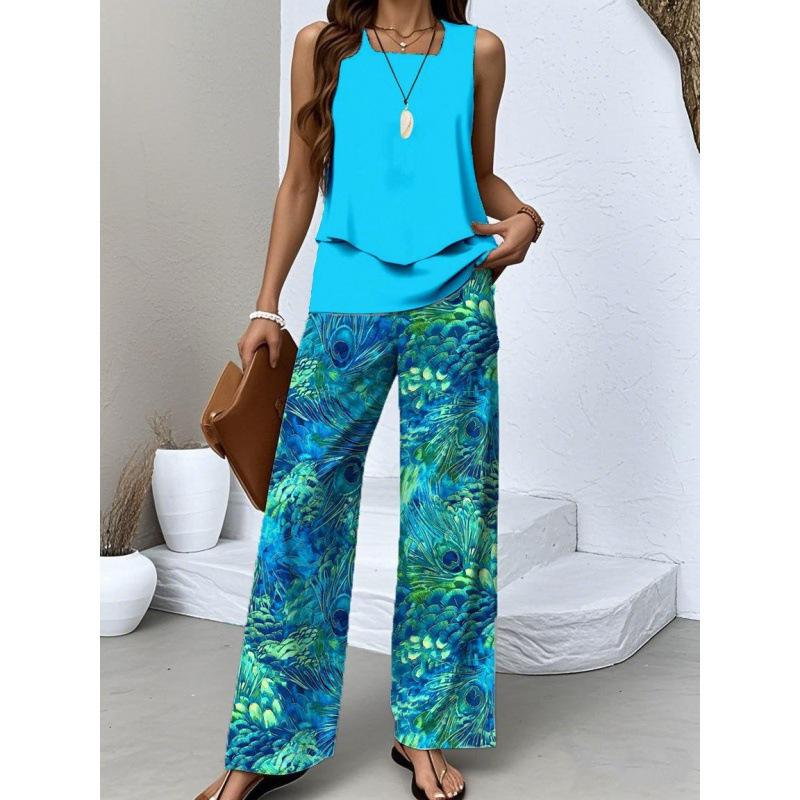 New spot European and American women's clothing hot-selling sleeveless double-layer vest pants set T-shirt