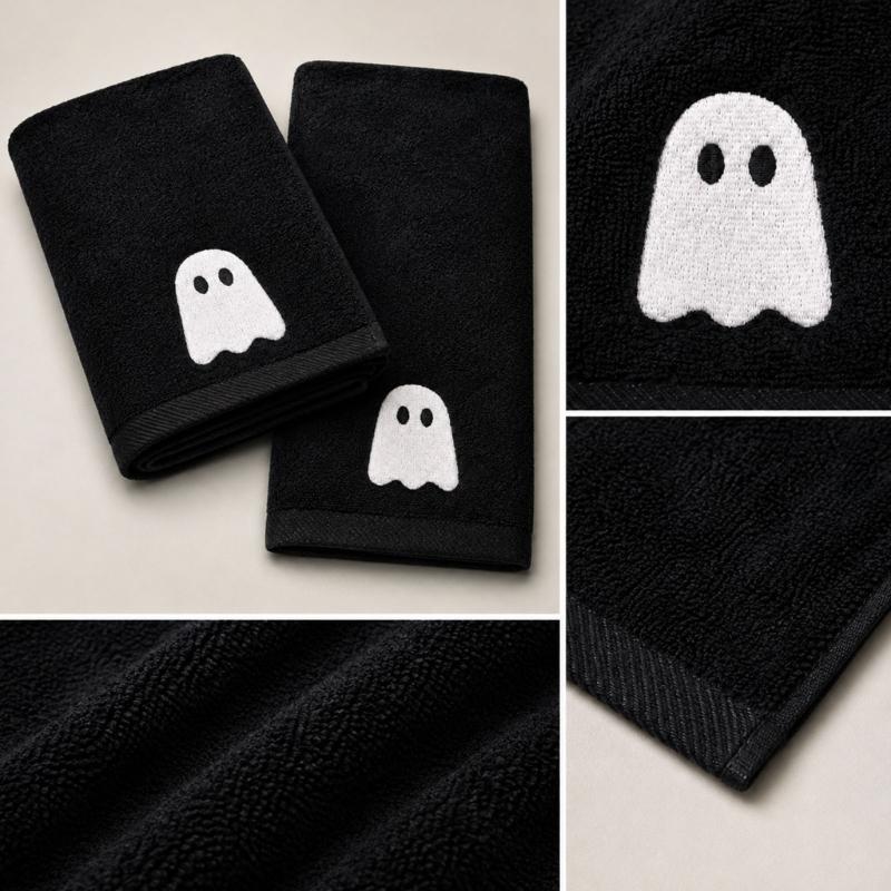 Bathroom Towel Accent Set, Black and White Ghostly Design Hand Towels in Two Piece Soft Polyester Pair for Guest Bath Use, Daily Drying, and Halloween
