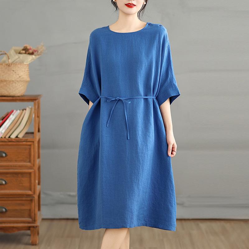 2026 Women s Cotton & Linen Japanese Style Layered Mid-Length Dress - Solid Color XL