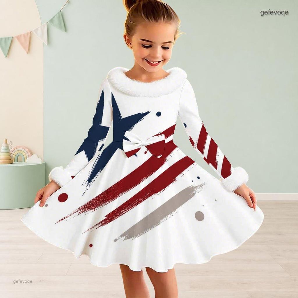 Girls White High Neck Long Sleeve Printed A Line Flared Dress With Bow Fur Trim