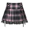 Women's High Waist Plaid Pleated Mini Skirt Double Side Lace Up Lace Hem Goth Punk Short Skirt