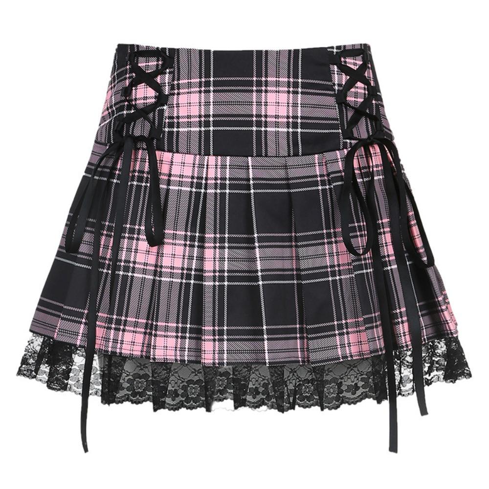 Women's High Waist Plaid Pleated Mini Skirt Double Side Lace Up Lace Hem Goth Punk Short Skirt