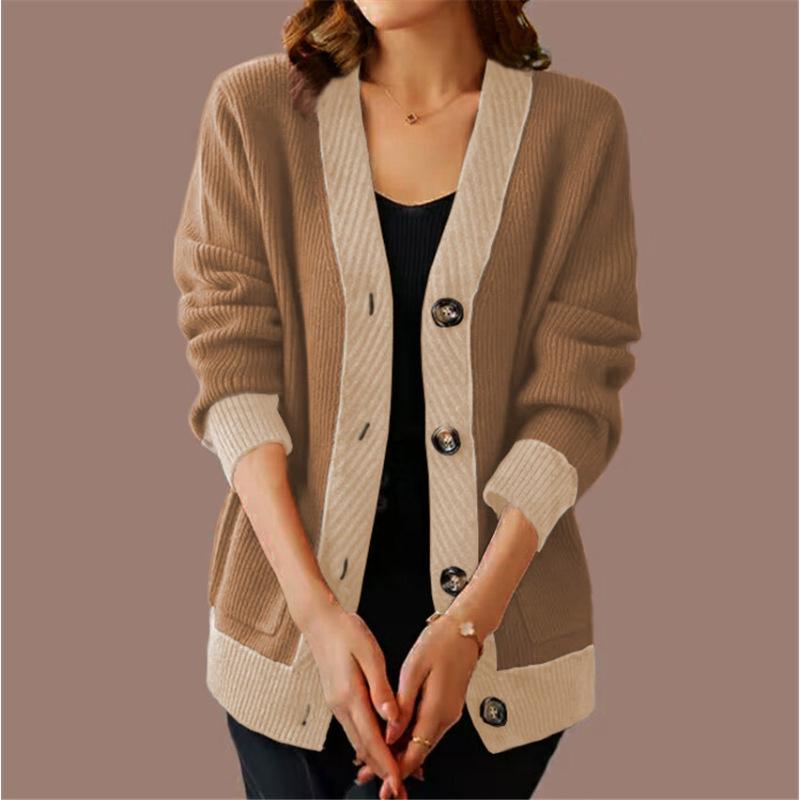 

Tooxika осень и зима новый V-образный вырез с длинными рукавами вязаный кардиган женский ретро контрастный цвет свитер куртка XL