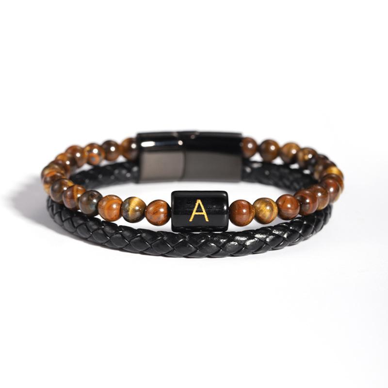 Vulkanstein Tigerauge Stein Schwarzer Achat Perlenarmband, Lederarmband, Buchstabenarmband