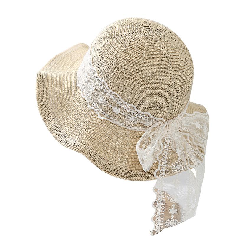 French Lace Bow Streamer Bucket Hat Women's Summer Outdoor Vacation Visor Retro Trendy Knitted Hat