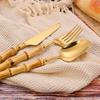 Nowy Zestaw Sztućców z Bambusową Rączką Stal Nierdzewna Naturalny Bambus Zestaw Zastawy Stołowej Nóż Widelec Łyżka Zestaw Sztućców Zestaw Bambusowej Zastawy Stołowej