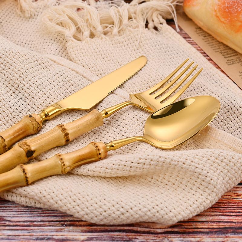 Nowy Zestaw Sztućców z Bambusową Rączką Stal Nierdzewna Naturalny Bambus Zestaw Zastawy Stołowej Nóż Widelec Łyżka Zestaw Sztućców Zestaw Bambusowej Zastawy Stołowej