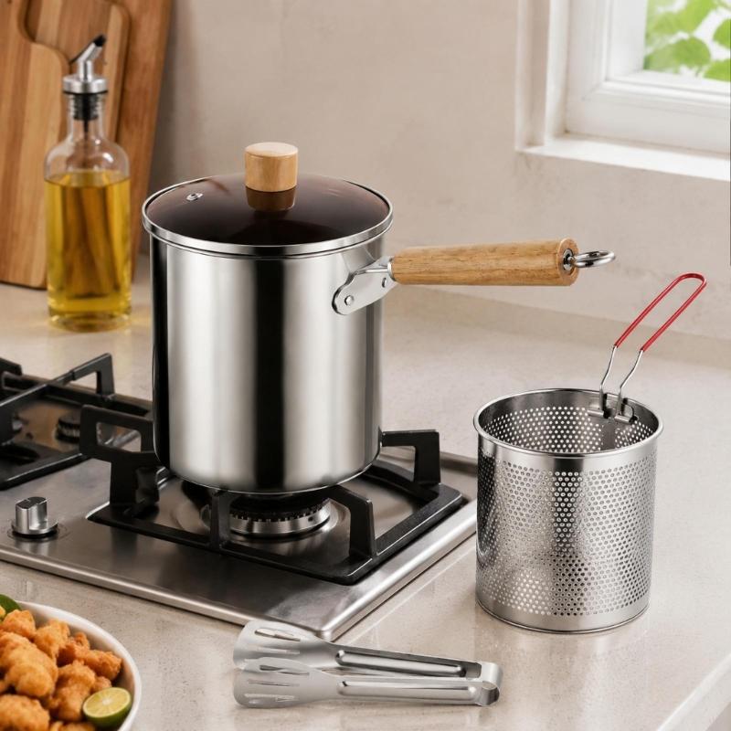 Deep-Frying Cookware Set with 3 L Steel Pot, Perforated Basket, and Tongs for Cooking, Basket Removal, Oil Draining, and Ingredient Handling