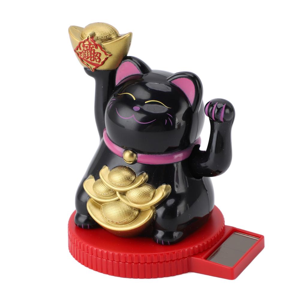 Solar Powered Lucky Cat Rotating Base Fortune Cat Statue for Car Dashboard Checkstand Desktop Decoration Black