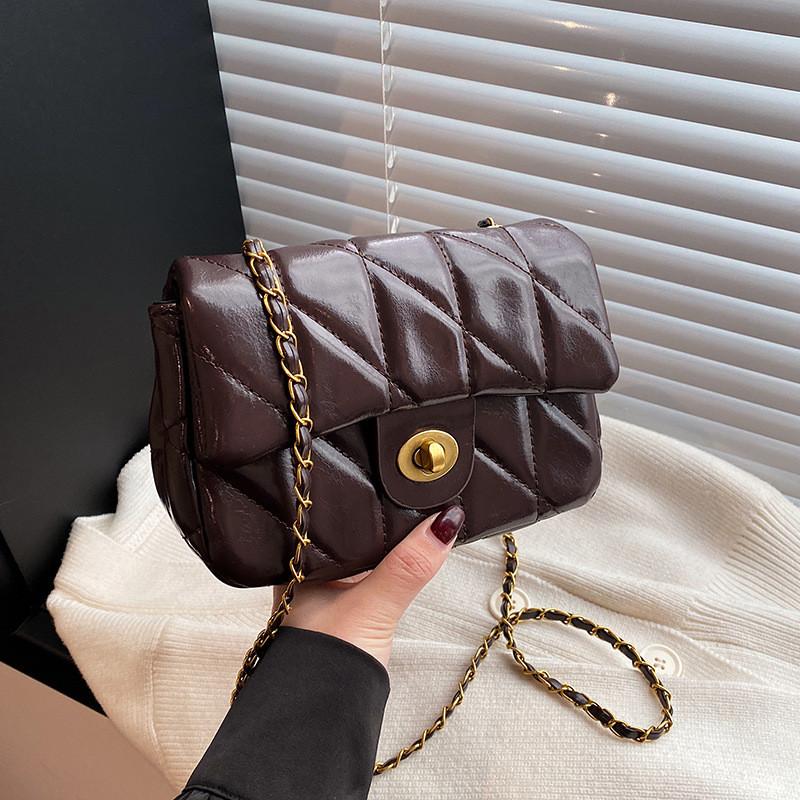 Solid Color Lattice Pu Leather Small Shoulder Bag With Chain Strap For Daily Use