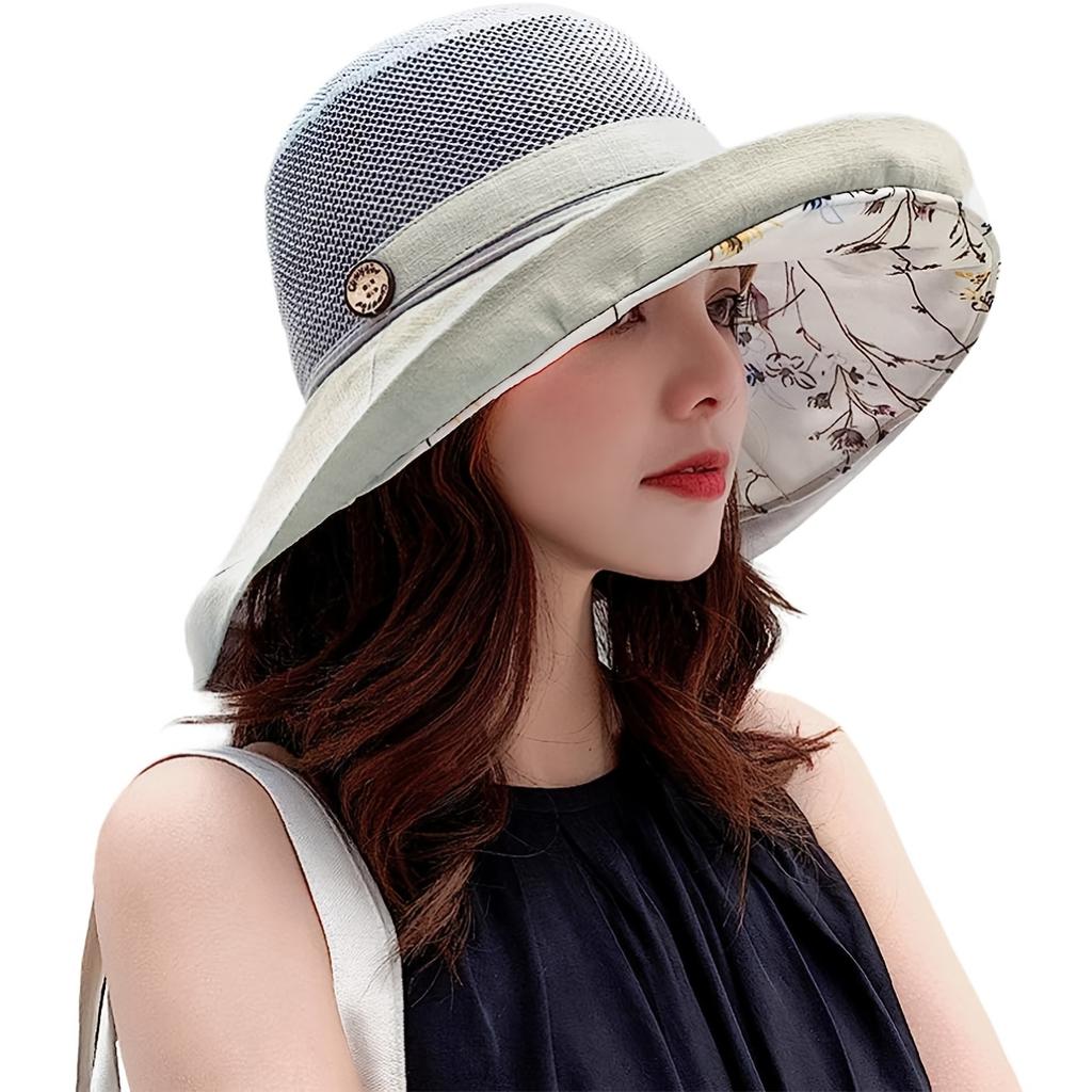 Women Mesh Sun Hats Summer Beach Packable Wide Brim Chin Strap
