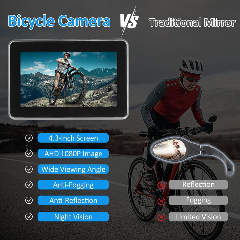 Specchietto per Manubrio Bici, Telecamera Posteriore per Bicicletta con Schermo da 4,3'' Funzione Visione Notturna Angolo di Visione Ampio 150° Staffa Regolabile