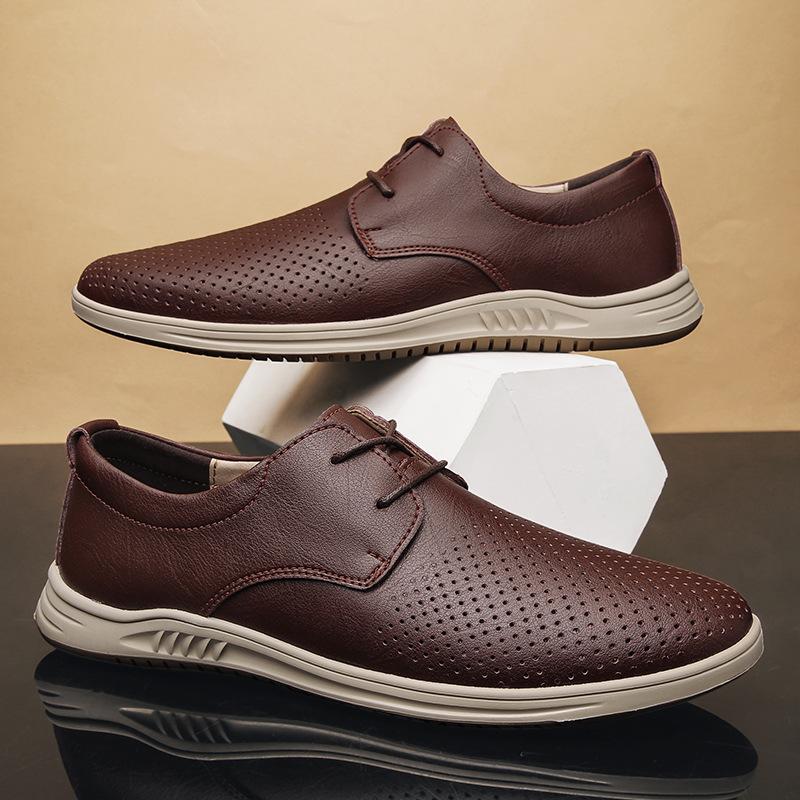 

Men s shoes 2025 spring new British style trend soft sole lace-up leather shoes men s hollow breathable casual shoes 44 коричневий