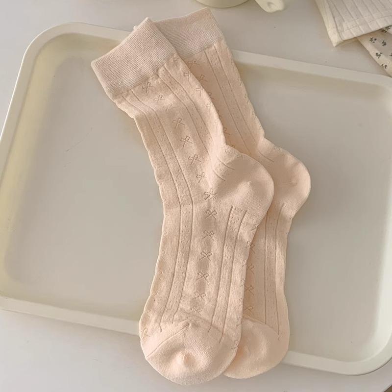 Women's Spring and Summer Thin Bow Tied Pure Cotton Mesh Mid Calf Socks