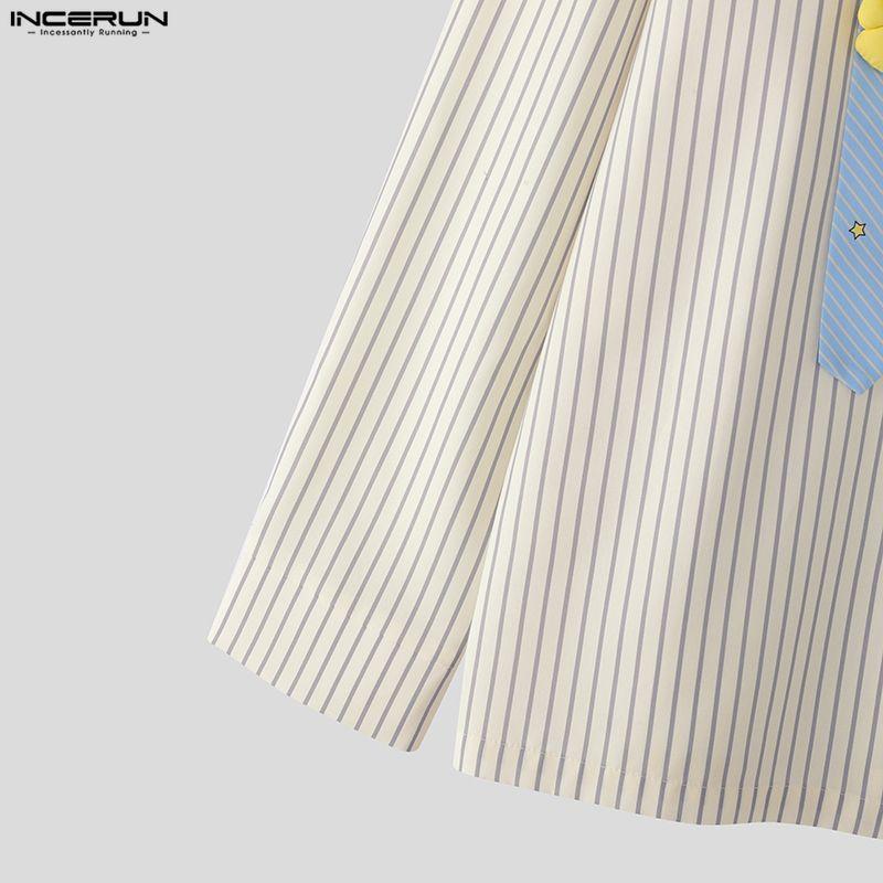 INCERUN Oversized Men Lapel Neck Long Sleeve Striped 3D Flowers Casual Loose Shirts