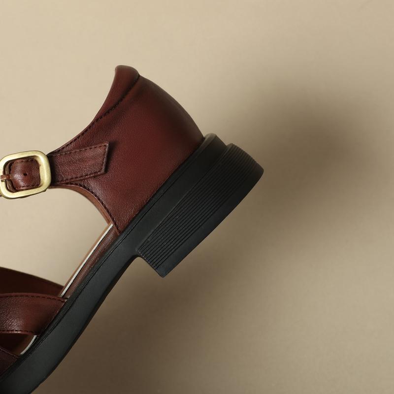 Fashion Kaky's New Round Head Cowhide Mid Heel Large Women's Sandals Roman Sandals Baotou Fashion Shoes