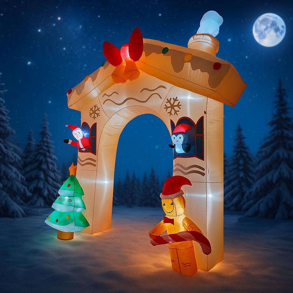 10.83FT Yard Party Decoration Inflatable Christmas Arch House Santa Friends Toy LED Lit Festive Gift Supplies Xmas Home Ornament