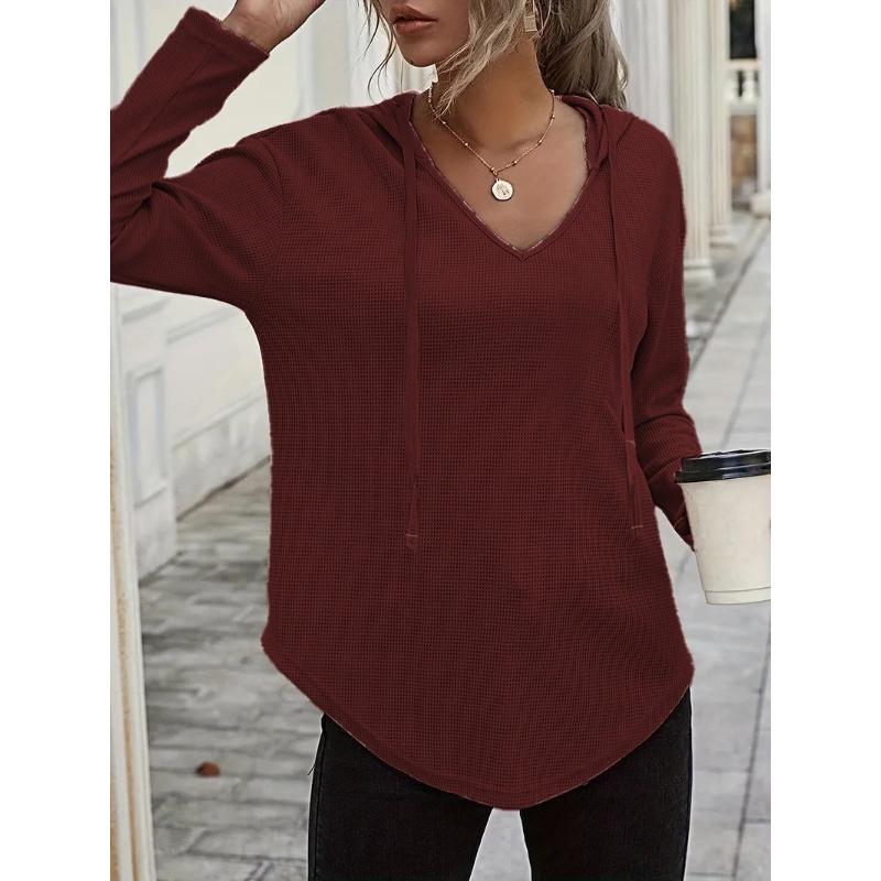 Women S V Neck Hooded Sweatshirt Long Sleeve Casual Drawstring