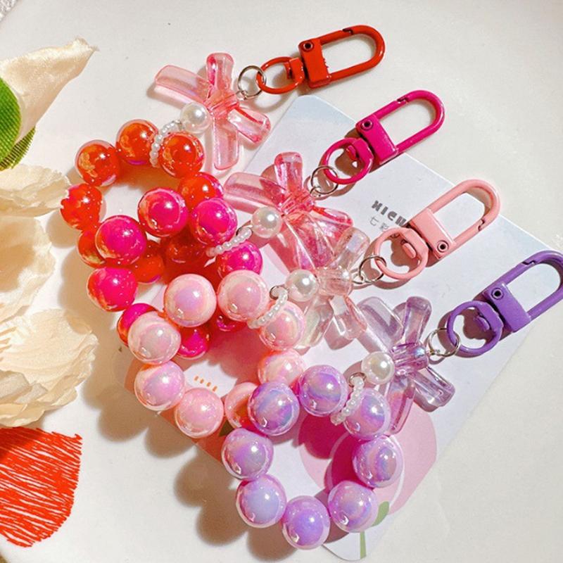 Plastic Fashion Beaded Bow Keychain Exquisite Candy Color Pearl Keyring Creative Shiny Bows Beaded Pendant Girls