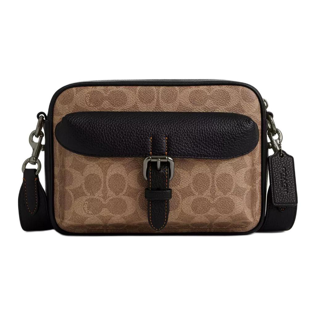 Coach Warner 22 Removable Shoulder Strap Zipper Closure Coated Canvas Crossbody Bag Small Men Bags Brown Black CW217-QBNRX