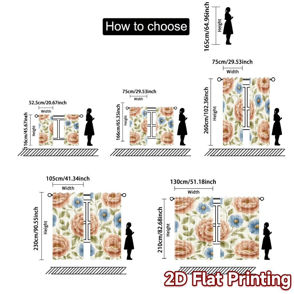 2D FLAT PRINTING 2pcs Curtains (Without Rod) Floral Rose Design (2) April Fools is Day Festival Fashion Curtains Versatile
