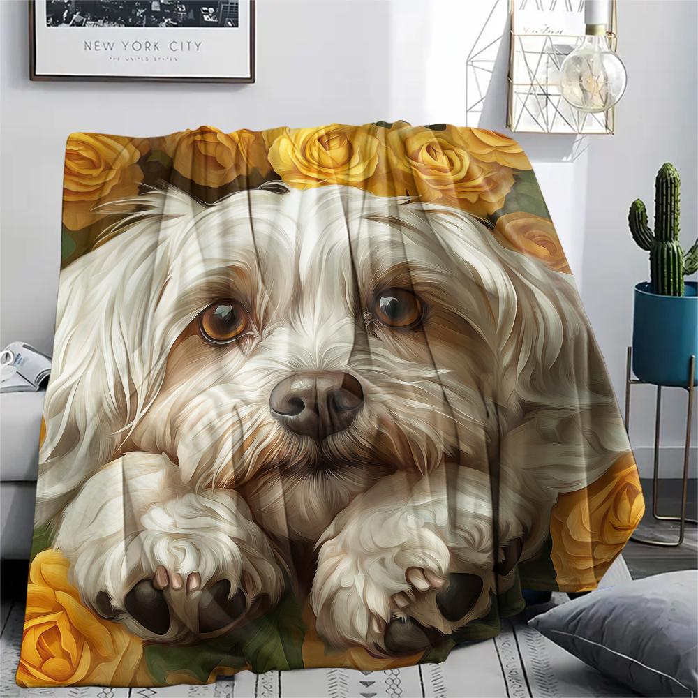 Maltese dog and roses,pattern Flannel Blanket, High quality Comfortable for All Seasons, Home Decor, Warmth and Comfort, Perfect for Gifts.