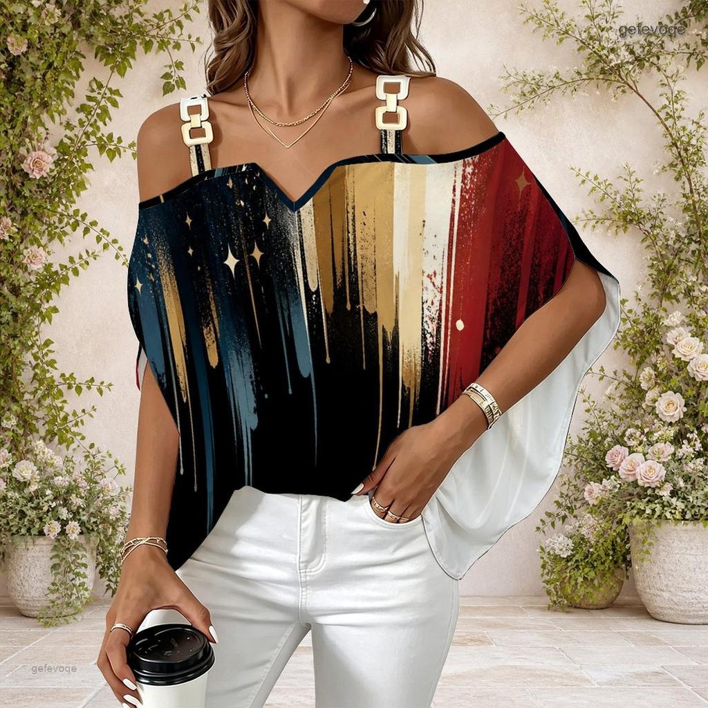 Women Plus Size Cold Shoulder Top American Flag Print V Neck Short Sleeve Casual Blouse