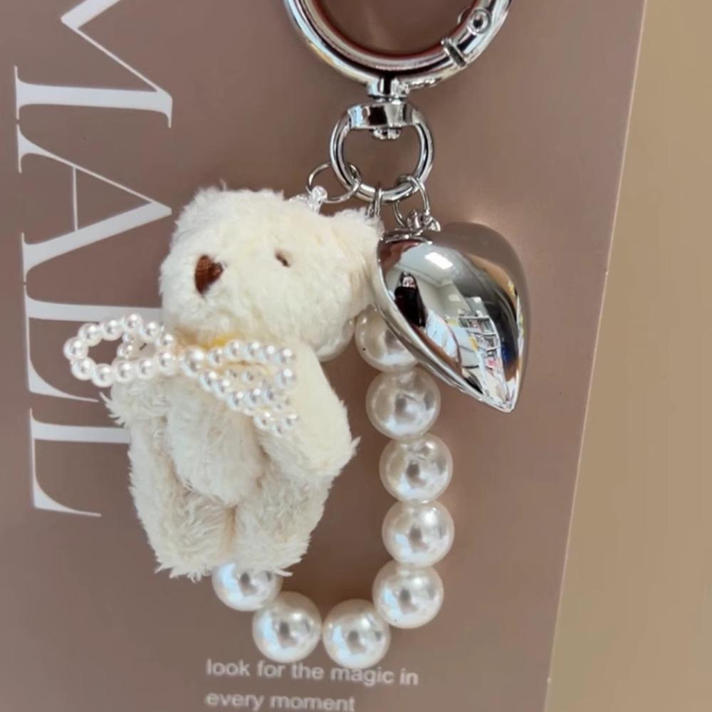 

Fashion Sweet Fluffy Plush Bear Keychain Bag Accessories Heart Keyring Pearl Bowknot Doll Pendant Couples Keychain Gifts