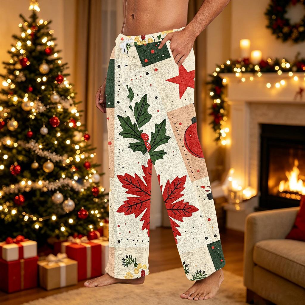 Men's Sleep Pants with Christmas Print, Cozy Casual Pajama Bottoms for Winter