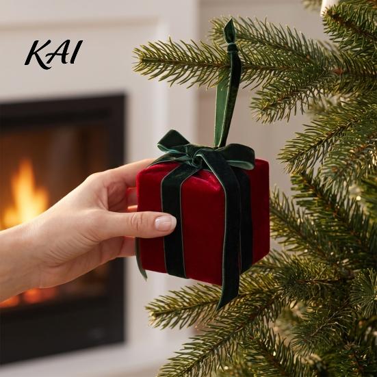 Xmas Holiday Table Decor Velvet Gift Box Christmas Tree Ornament, Square Shaped Hanging Seasonal Party Photo Props Decoration with Bow for Winter Home