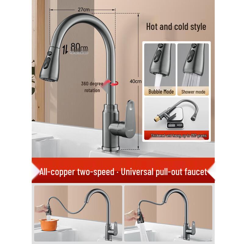 HANDUNYOU Gunmetal Grey All-Copper Kitchen Faucet with Swivel Pull-Out Spray