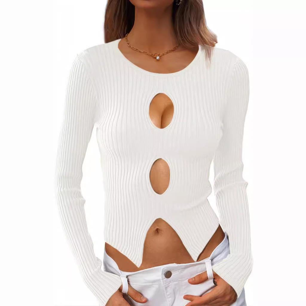 Women's Autumn Sexy Navel Top Ribbed Knit Pullover Jumper Slimming Blend Women Office Commute Comfortable and Versatile Undercoat Long Sleeves Sweater