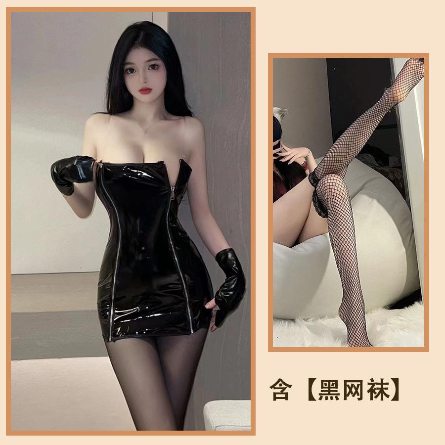 Fun sexy tube top zipper backless shapewear leather skirt passion uniform seduction game patent leather