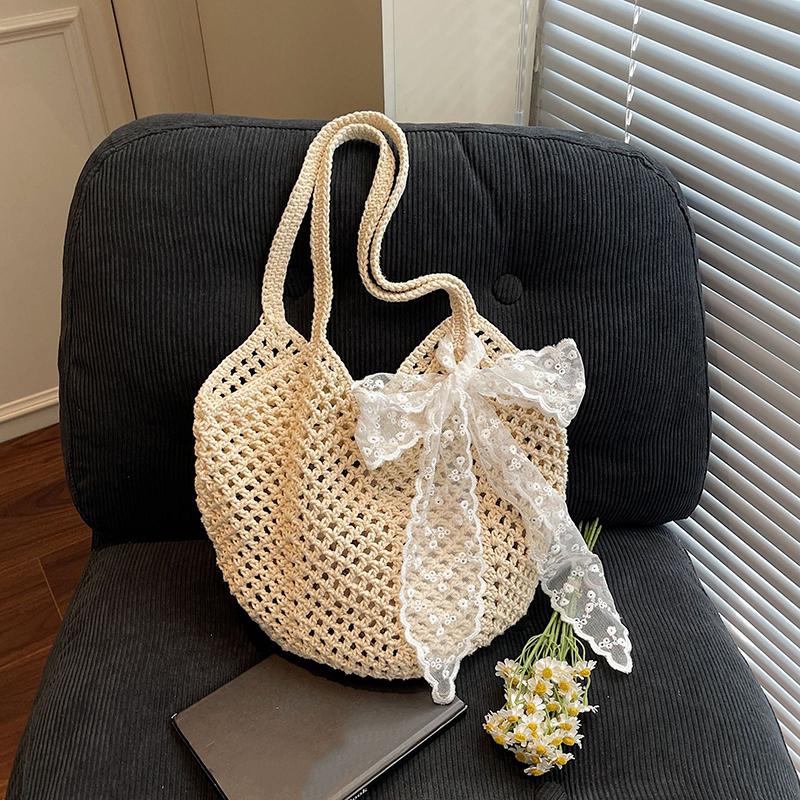 Summer Lace Bow Tote Bags Women Raffia Knitting Woven Shoulder Bag  Rattan Large Casual Crochet Shopping Bag Ladies Handbag