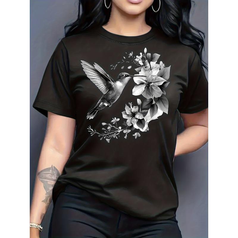 European Size Women's Spring Summer Hummingbird & Floral Print T-Shirt - Short Sleeve Crew Neck Blouse with Botanical Design