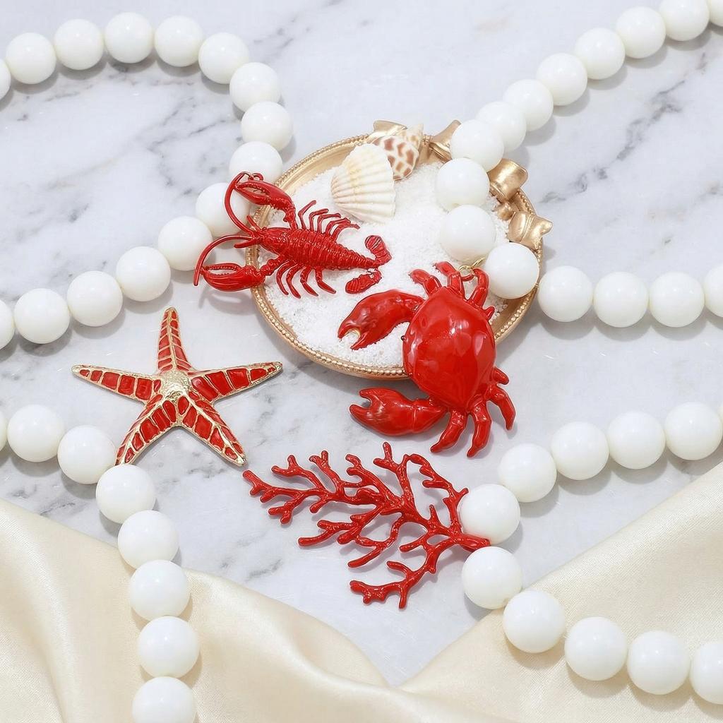 Creative Red Lobster Crab Starfish Coral Pendant Beads Necklace Stylish Versatile Niche Summer Beach Vacation Collarbone Chain