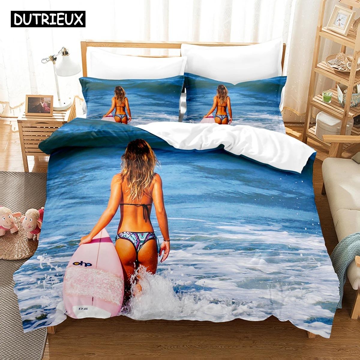 

3D Pattern Surfing On The Sea Bedding Sets Bed Cover Kit With Pillowcase Twin Size Full Queen Size King Size Bedclothes Bed Linen EU Single 135x200cm