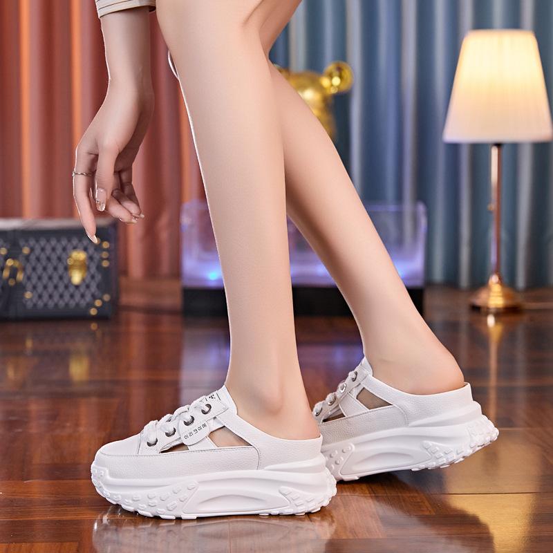 Baotou inner height increase half slippers women's summer wear 2025 new fashion thick-soled lazy cool slippers half tray women's shoes