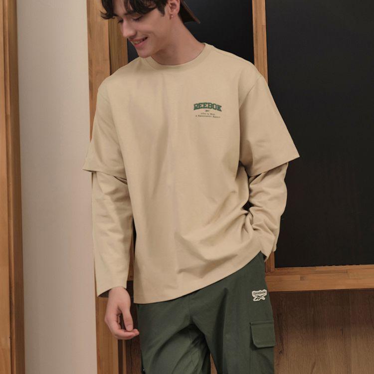 Reebok Solid Color Fashion Retro Loose Simple Fake Two-Piece Knitted Long Sleeve T-Shirt Unisex Tops Light-Khaki 23FRC503UGK0