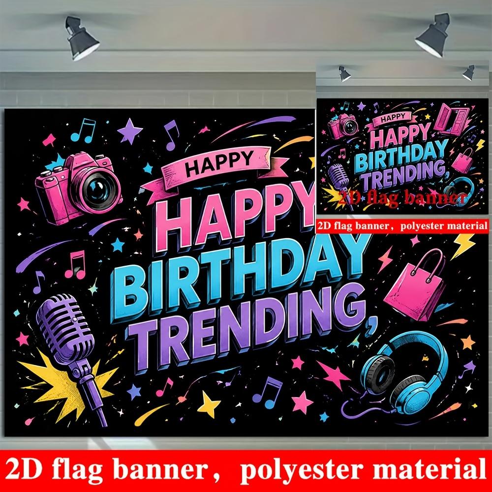 Trendy Happy Birthday Banner Backdrop Microphone Camera Notes Stars