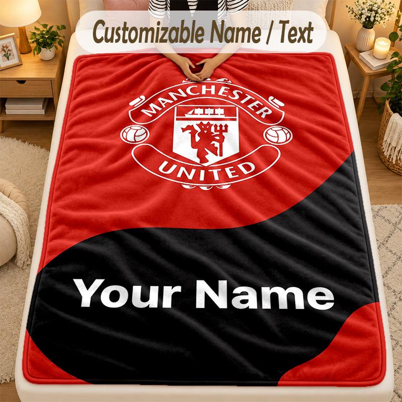 Flannel BlanketManchester United Custom Name Text Personalized Soft Warm Throw Blanket Home Decor Gift