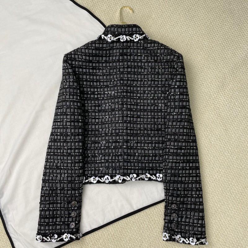 Womens 2026 Silk-Lined Short Stand Collar Jacket With Black White Sequin Trim Contrast Panel Detail
