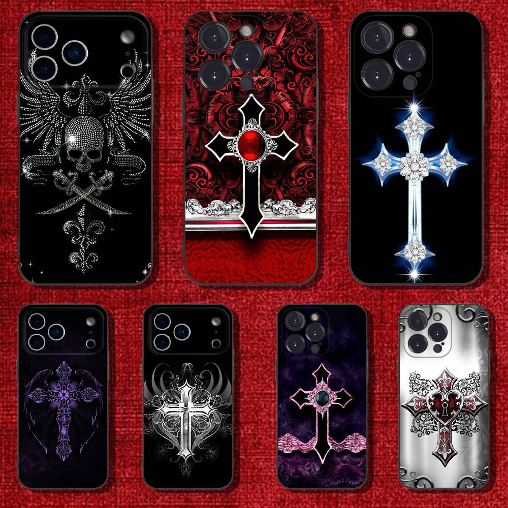 Gothic Cross Skull Y2K Phone Case For iPhone 6,17,16,15,14,13,12,11 Plus,Pro Max,XS,X,XR,SE,Mini,8,7,Soft Silicone Black Cover